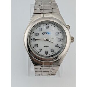 Globlu‎ Watch Men Silver Tone White Dial Easy Read Stretch Band- New Battery